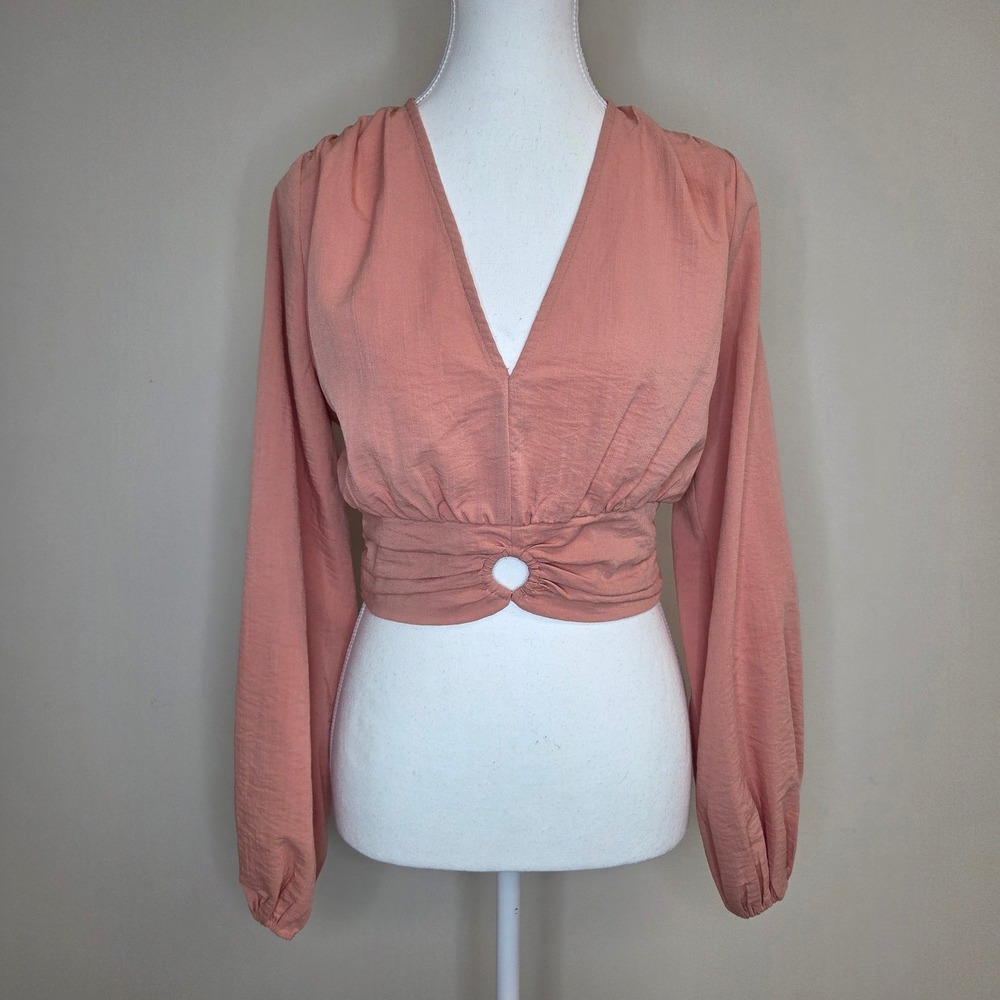 Entro Women‎ Terracotta V-Neck Long Sleeve O-Ring Cropped Top T17885 Small